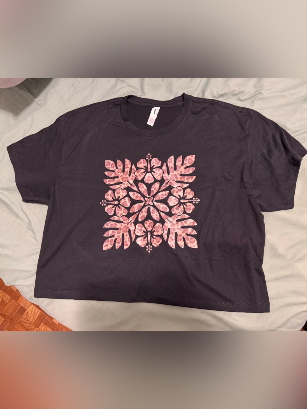 Black crop top T-Shirt with Pink Floral Hawaiian-Inspired Print